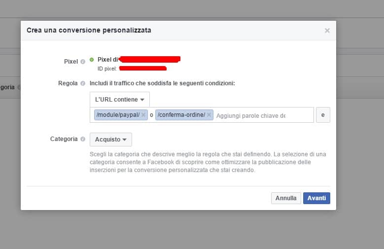 conversione di acquisto facebook prestashop